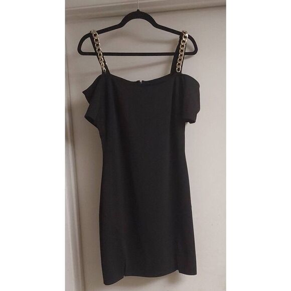 NWOT~JustFab Black & Gold Chain Shoulder Strap Accent Mini Dress Sz L - Picture 1 of 2